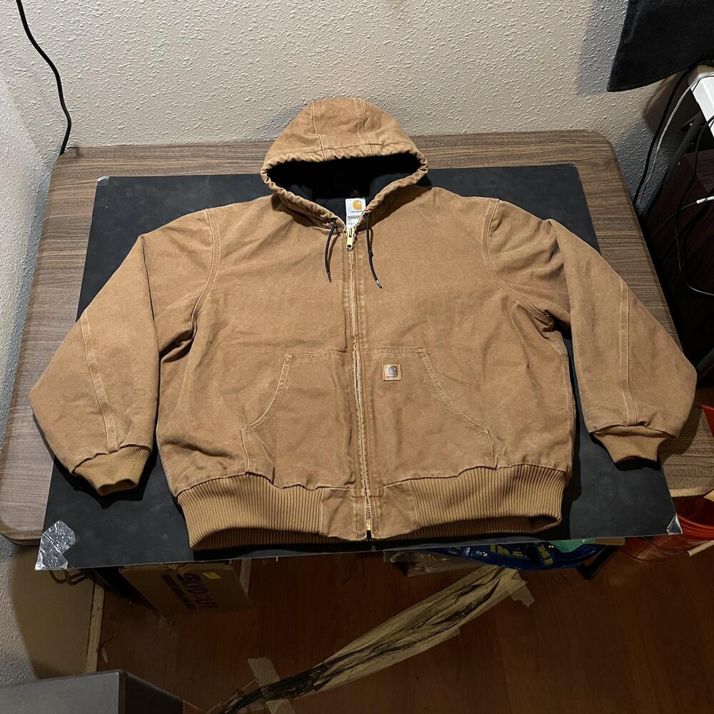 Carhartt Jacket Mens 2XL Brown Duck Canvas Hooded Quilt Lined Work Bomber J130